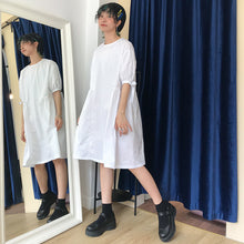 Load image into Gallery viewer, Summer 2019 new high-end cotton and linen women's solid color lace-up waist long skirt lantern sleeve A dress