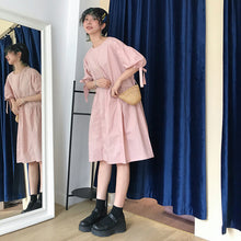 Load image into Gallery viewer, Summer 2019 new high-end cotton and linen women's solid color lace-up waist long skirt lantern sleeve A dress