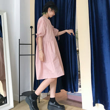 Load image into Gallery viewer, Summer 2019 new high-end cotton and linen women's solid color lace-up waist long skirt lantern sleeve A dress