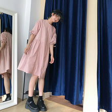 Load image into Gallery viewer, Summer 2019 new high-end cotton and linen women's solid color lace-up waist long skirt lantern sleeve A dress