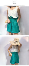 Load image into Gallery viewer, Spring/summer 2019 new cotton and linen vest stitching strap lace conjoined shorts women's casual set two-piece 3385