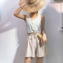 Load image into Gallery viewer, Spring/summer 2019 new cotton and linen vest stitching strap lace conjoined shorts women's casual set two-piece 3385