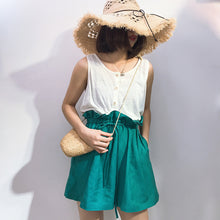 Load image into Gallery viewer, Spring/summer 2019 new cotton and linen vest stitching strap lace conjoined shorts women's casual set two-piece 3385