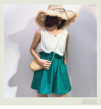 Load image into Gallery viewer, Spring/summer 2019 new cotton and linen vest stitching strap lace conjoined shorts women's casual set two-piece 3385