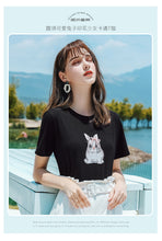 Load image into Gallery viewer, Summer 2019 New Brand Women&#39;s Wear Round-collar Rabbit Printed T-shirt, Sweet Baitie Loose Knitted Shirt 51136