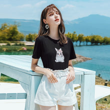 Load image into Gallery viewer, Summer 2019 New Brand Women&#39;s Wear Round-collar Rabbit Printed T-shirt, Sweet Baitie Loose Knitted Shirt 51136