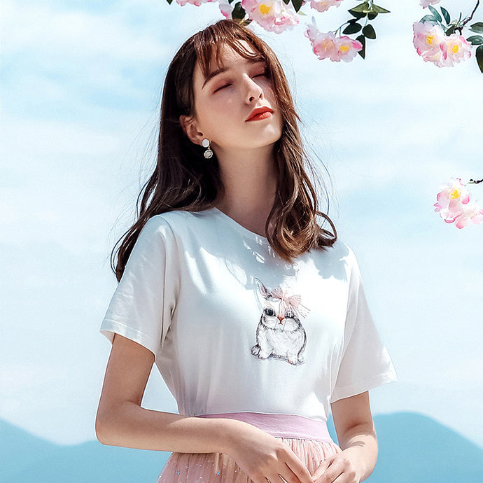 Summer 2019 New Brand Women's Wear Round-collar Rabbit Printed T-shirt, Sweet Baitie Loose Knitted Shirt 51136