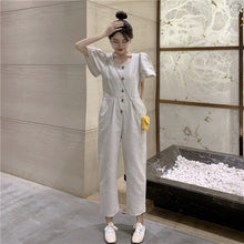 Load image into Gallery viewer, 2019 Korean women's new solid color simple Joker single-breasted square collar tooling short sleeve siamese wide leg pants 9213
