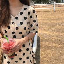 Load image into Gallery viewer, 2019 new retro wave printing high waist lace chiffon dress temperament V neck short sleeve slim dress