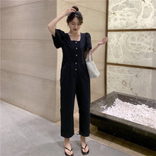 Load image into Gallery viewer, 2019 Korean women's new solid color simple Joker single-breasted square collar tooling short sleeve siamese wide leg pants 9213
