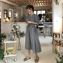 Load image into Gallery viewer, New women's dress of 2019 V-neck, short sleeve, plaid, retro foam sleeve, loose waist tie dress