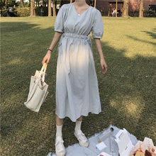 Load image into Gallery viewer, New women's dress of 2019 V-neck, short sleeve, plaid, retro foam sleeve, loose waist tie dress