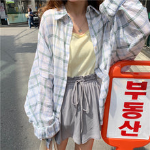 Load image into Gallery viewer, 2019 new women's solid color vest+elastic waist drawstring wide leg shorts+sunscreen plaid shirt