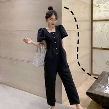 Load image into Gallery viewer, 2019 Korean women's new solid color simple Joker single-breasted square collar tooling short sleeve siamese wide leg pants 9213