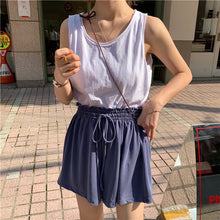 Load image into Gallery viewer, 2019 new women's solid color vest+elastic waist drawstring wide leg shorts+sunscreen plaid shirt