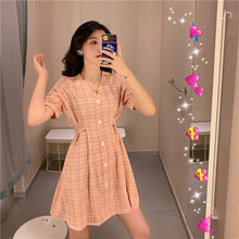 Load image into Gallery viewer, Summer 2019 New Retro Harbour Wind Bubble Sleeve A-shaped Skirt, Slim Closed Short Sleeve Chequered Dress 813