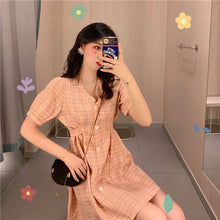 Load image into Gallery viewer, Summer 2019 New Retro Harbour Wind Bubble Sleeve A-shaped Skirt, Slim Closed Short Sleeve Chequered Dress 813