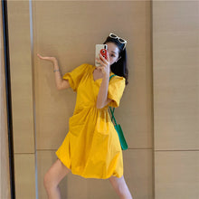 Load image into Gallery viewer, 2019 new Korean version of solid color bubble sleeve wrinkle irregular dress fashion design slim skirt 9935