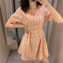 Load image into Gallery viewer, Summer 2019 New Retro Harbour Wind Bubble Sleeve A-shaped Skirt, Slim Closed Short Sleeve Chequered Dress 813