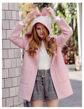 Load image into Gallery viewer, 2018 New Brand Women's Rabbit Ear Hoodie Coat Single-row Button Wool Coat 97066