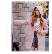 Load image into Gallery viewer, 2018 New Brand Women's Rabbit Ear Hoodie Coat Single-row Button Wool Coat 97066