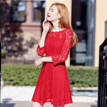 Load image into Gallery viewer, 2018 Spring new women's round collar seven-part sleeves a dress pure color hollow sweet small fresh dress 69096
