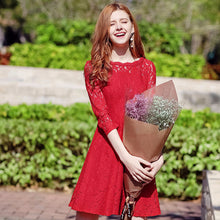Load image into Gallery viewer, 2018 Spring new women's round collar seven-part sleeves a dress pure color hollow sweet small fresh dress 69096