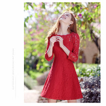 Load image into Gallery viewer, 2018 Spring new women's round collar seven-part sleeves a dress pure color hollow sweet small fresh dress 69096