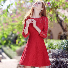 Load image into Gallery viewer, 2018 Spring new women's round collar seven-part sleeves a dress pure color hollow sweet small fresh dress 69096