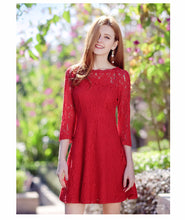 Load image into Gallery viewer, 2018 Spring new women's round collar seven-part sleeves a dress pure color hollow sweet small fresh dress 69096