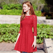 Load image into Gallery viewer, 2018 Spring new women's round collar seven-part sleeves a dress pure color hollow sweet small fresh dress 69096