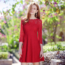 Load image into Gallery viewer, 2018 Spring new women's round collar seven-part sleeves a dress pure color hollow sweet small fresh dress 69096