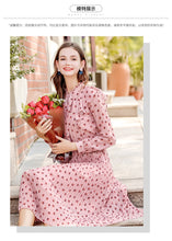 Load image into Gallery viewer, 2019 Autumn new brand women's wear V collar wave point long-sleeve printing dress temperament light ripe chiffon dress 69357