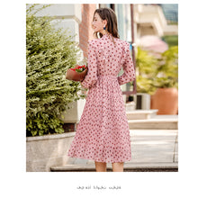 Load image into Gallery viewer, 2019 Autumn new brand women's wear V collar wave point long-sleeve printing dress temperament light ripe chiffon dress 69357