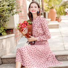 Load image into Gallery viewer, 2019 Autumn new brand women's wear V collar wave point long-sleeve printing dress temperament light ripe chiffon dress 69357