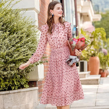 Load image into Gallery viewer, 2019 Autumn new brand women's wear V collar wave point long-sleeve printing dress temperament light ripe chiffon dress 69357