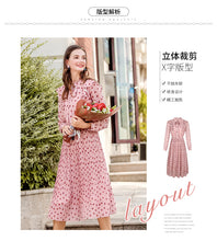 Load image into Gallery viewer, 2019 Autumn new brand women's wear V collar wave point long-sleeve printing dress temperament light ripe chiffon dress 69357