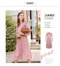 Load image into Gallery viewer, 2019 Autumn new brand women's wear V collar wave point long-sleeve printing dress temperament light ripe chiffon dress 69357