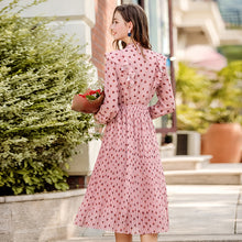 Load image into Gallery viewer, 2019 Autumn new brand women's wear V collar wave point long-sleeve printing dress temperament light ripe chiffon dress 69357