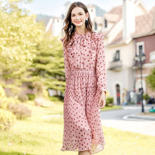 Load image into Gallery viewer, 2019 Autumn new brand women's wear V collar wave point long-sleeve printing dress temperament light ripe chiffon dress 69357
