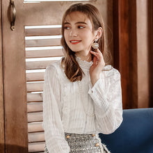 Load image into Gallery viewer, Spring 2019 New Women's Wear Pure Collar Horn Sleeve Bottom Shirt, Lady Baitie Pullover Chiffon Blouse 59096