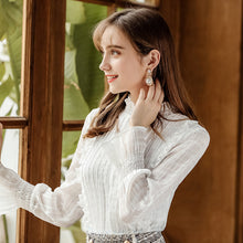 Load image into Gallery viewer, Spring 2019 New Women's Wear Pure Collar Horn Sleeve Bottom Shirt, Lady Baitie Pullover Chiffon Blouse 59096
