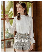 Load image into Gallery viewer, Spring 2019 New Women's Wear Pure Collar Horn Sleeve Bottom Shirt, Lady Baitie Pullover Chiffon Blouse 59096