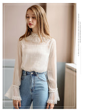 Load image into Gallery viewer, New Winter 2008 Brand Women's Horn Sleeve Pure Colour Pullover Small Shirt Temperament Lady Chiffon Blouse 59073