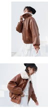 Load image into Gallery viewer, Fall/winter 2018 new short slim cotton-padded clothes loose PU leather student rabbit fur jacket motorcycle jacket 3065