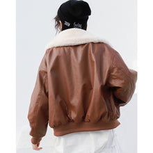 Load image into Gallery viewer, Fall/winter 2018 new short slim cotton-padded clothes loose PU leather student rabbit fur jacket motorcycle jacket 3065