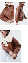 Load image into Gallery viewer, Fall/winter 2018 new short slim cotton-padded clothes loose PU leather student rabbit fur jacket motorcycle jacket 3065