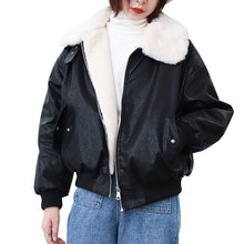 Load image into Gallery viewer, Fall/winter 2018 new short slim cotton-padded clothes loose PU leather student rabbit fur jacket motorcycle jacket 3065