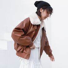 Load image into Gallery viewer, Fall/winter 2018 new short slim cotton-padded clothes loose PU leather student rabbit fur jacket motorcycle jacket 3065