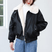 Load image into Gallery viewer, Fall/winter 2018 new short slim cotton-padded clothes loose PU leather student rabbit fur jacket motorcycle jacket 3065